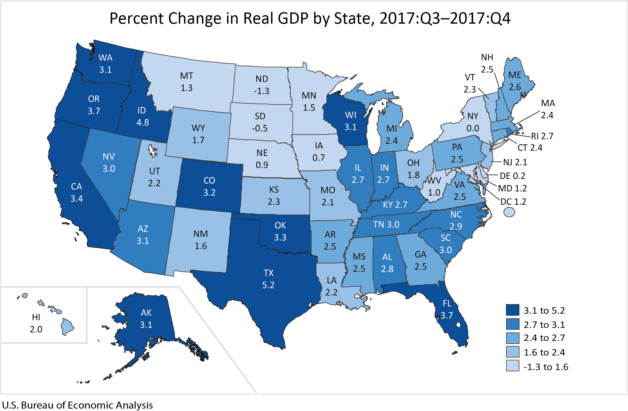 Percent Change in Real GDP by State, 2017:Q3-2017:Q4