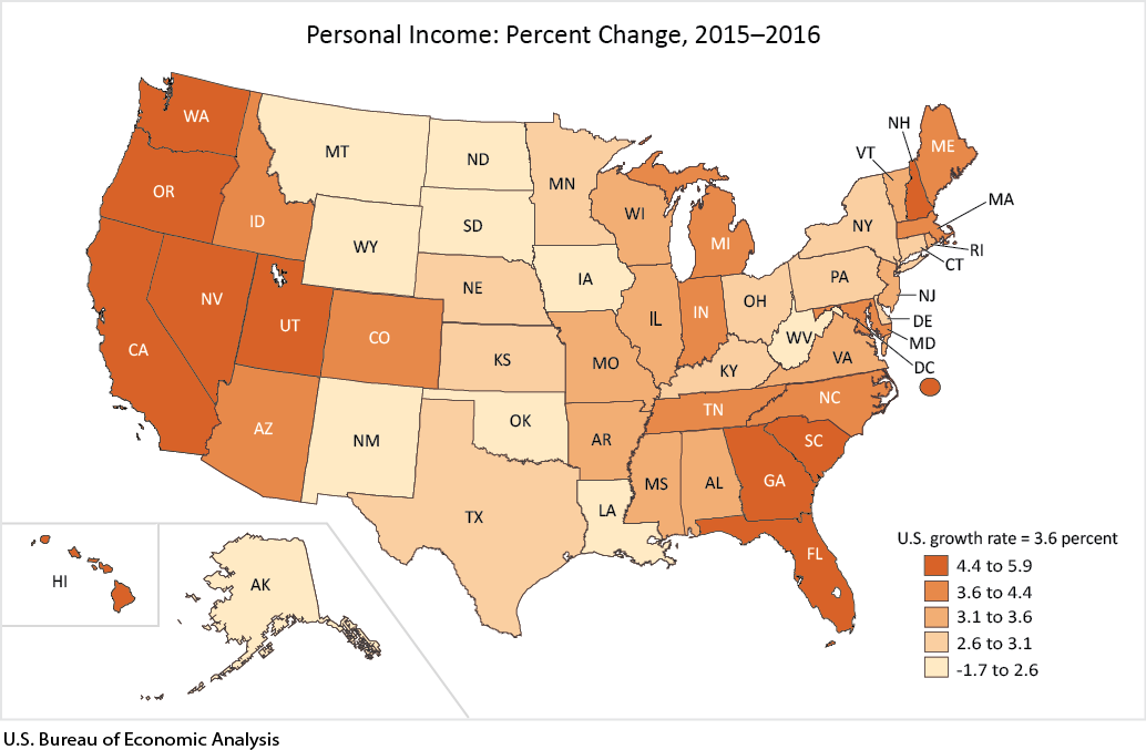 Map: Personal Income: Percent Change, 2015-2016