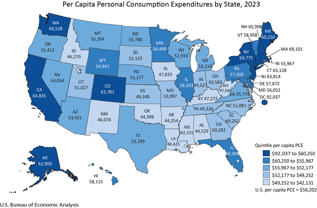 Per Capita Personal Consumption Expenditures by State, 2023